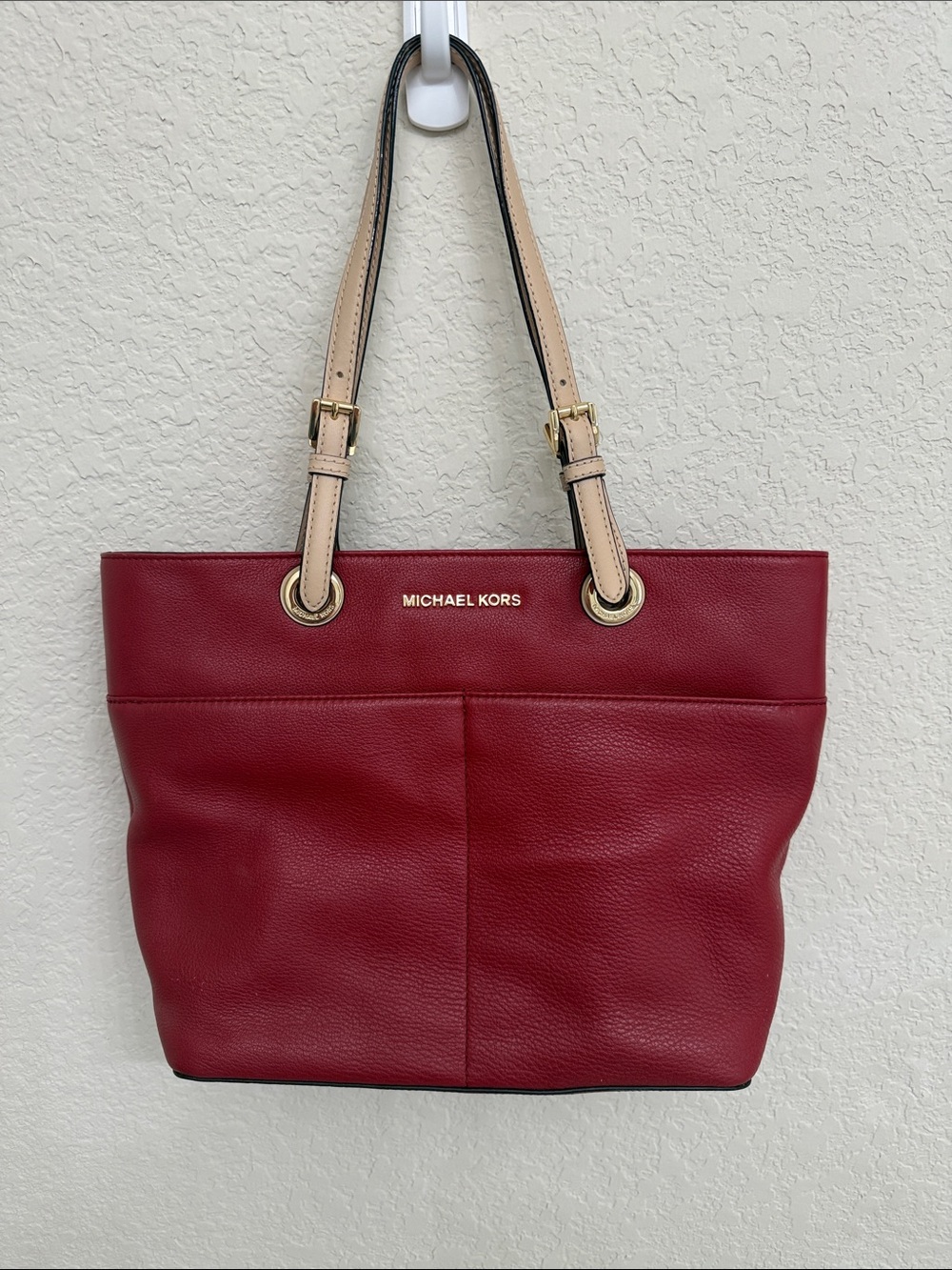 Michael Kors Red Leather Tote with Cream Straps